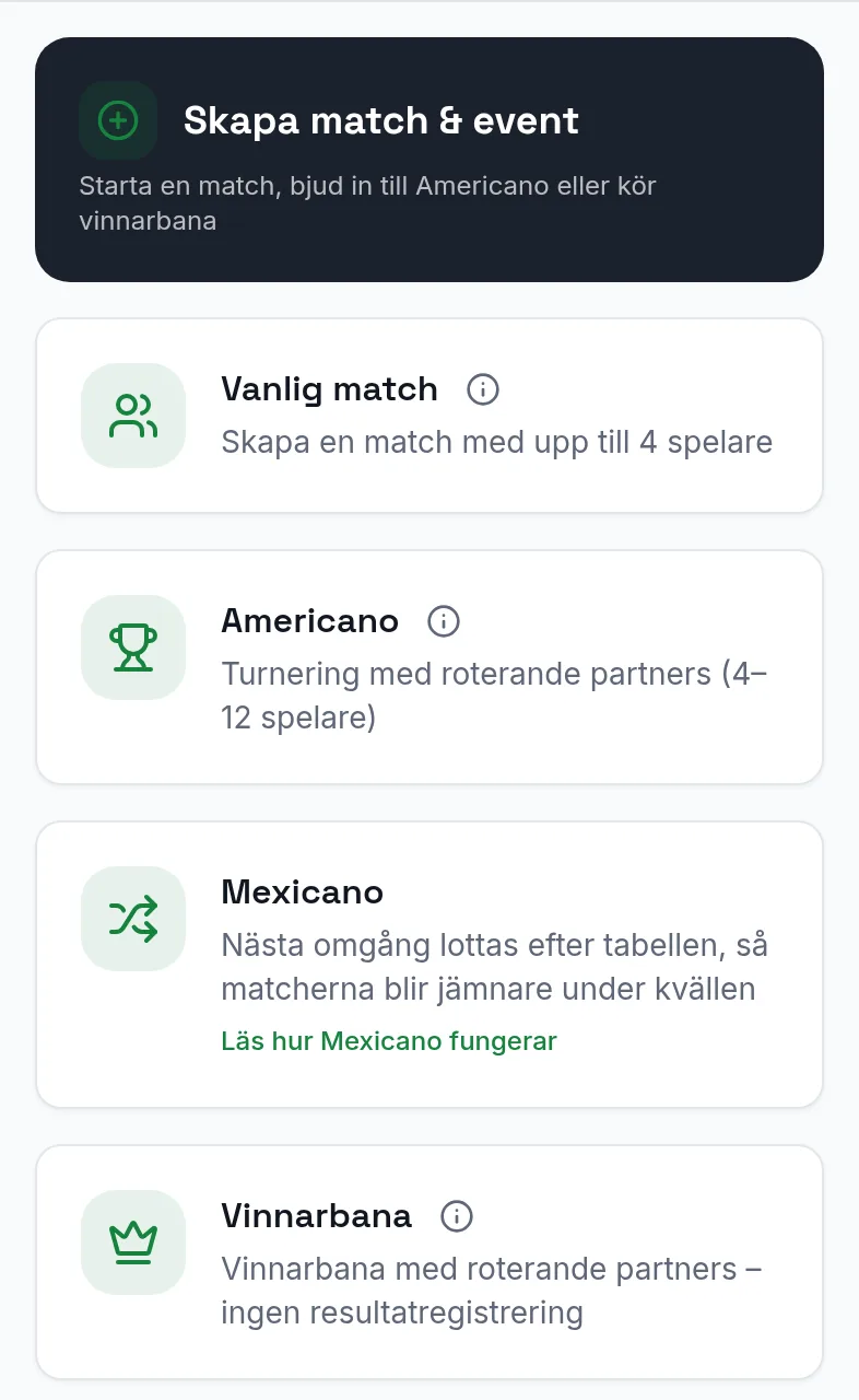 Skapa-sidan i Padelpoolen med valen Vanlig match, Americano, Mexicano och Vinnarbana i en mobil