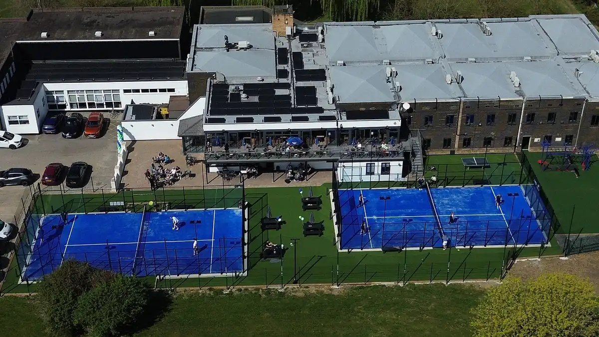 Blue padel courts seen from above: padel in Linköping with Padelpoolen