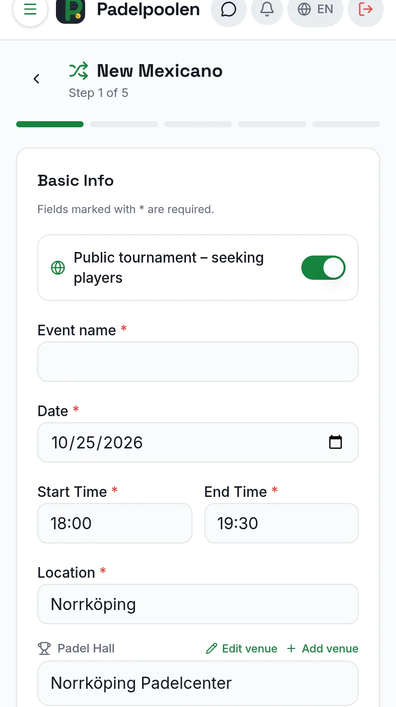 The New Mexicano form, step 1 of 5, with fields for event name, date, start time, end time, location and venue