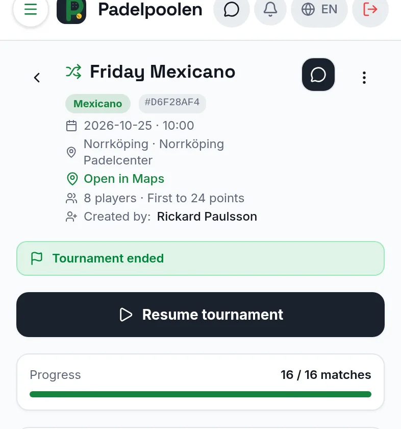 The top of a Mexicano tournament in Padelpoolen with a Mexicano badge, date, venue in Norrköping, map link and progress bar