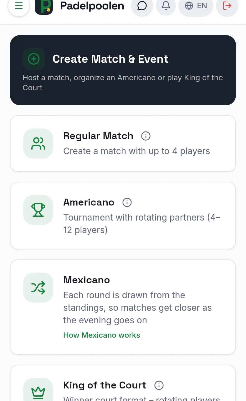 The Create page in Padelpoolen on a phone with options for a regular match, Americano, Mexicano and King of the Court