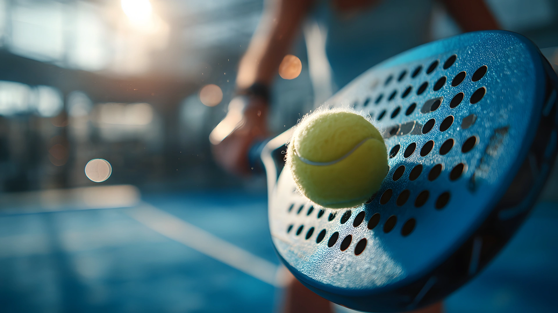 Padelracket och boll på inomhusbana