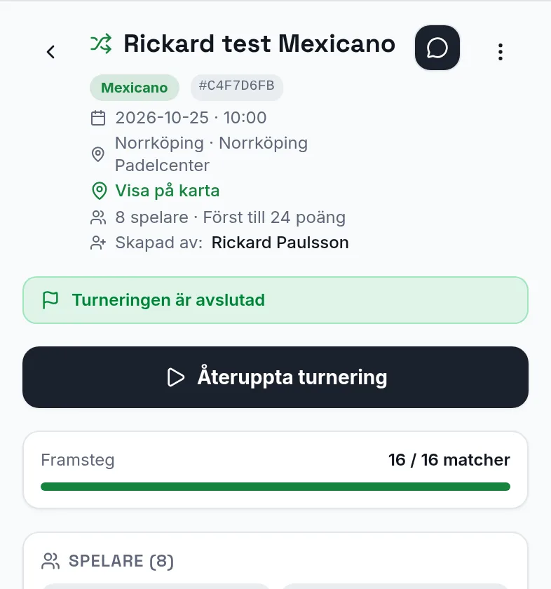Toppen av en Mexicano-turnering i Padelpoolen med Mexicano-märke, datum, hall i Norrköping, kartlänk och förloppsmätare