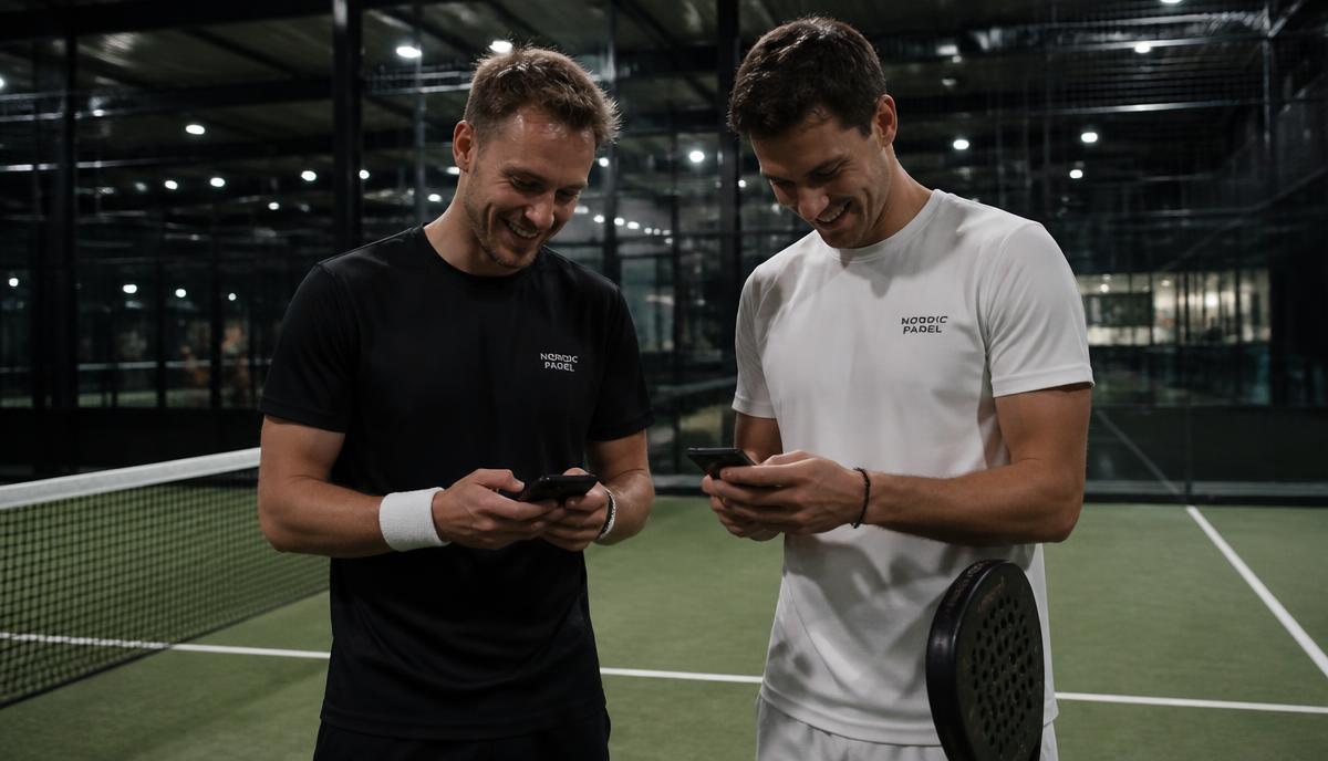 Två padelspelare på en inomhusbana som läser meddelanden i Padelpoolen på sina mobiler