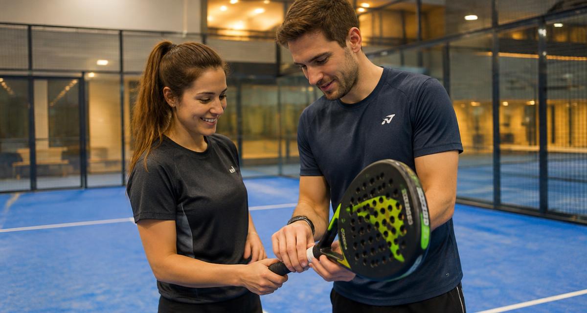 En nybörjare håller i ett padelracket för första gången medan en vän visar greppet på en blå inomhusbana