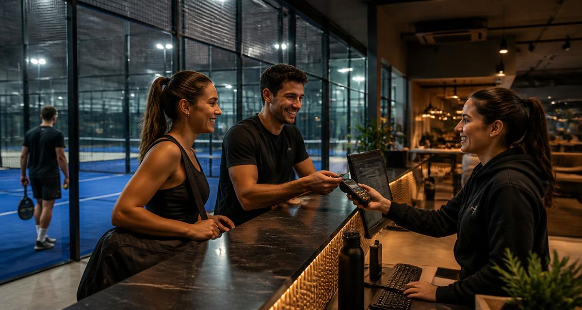 Two padel players paying the court fee at the reception desk of an indoor club with glass courts behind them