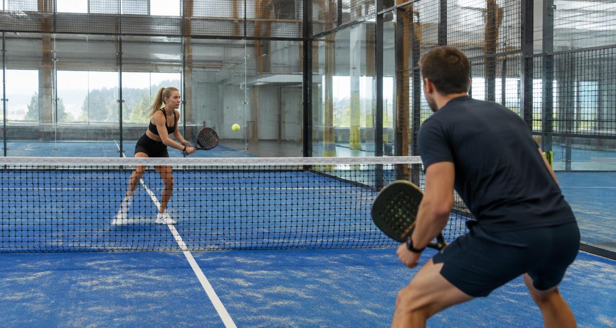 Two players face each other one on one on a narrow indoor single padel court with glass walls and blue turf