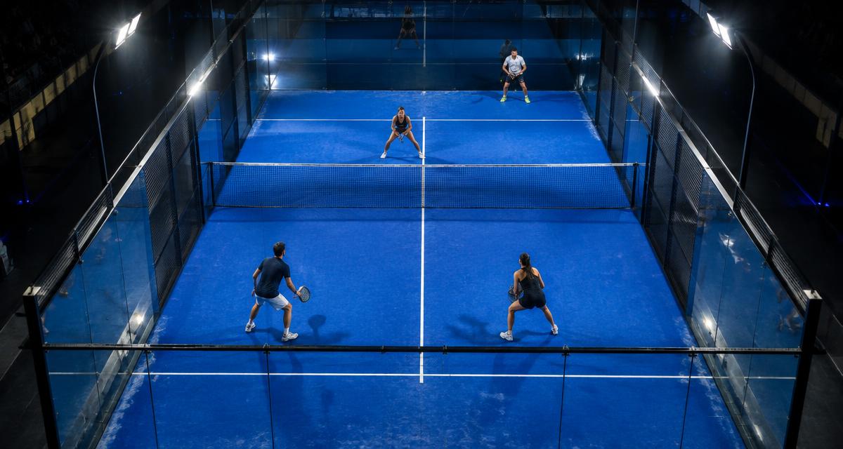 Padel court seen from above with two doubles pairs in position, one team at the net and one team at the back glass